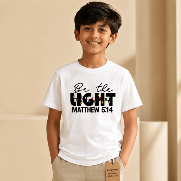 KST-E0016 - Mockup 2 Be the Light | Matthew 5:14 | Christian Kids T-Shirt