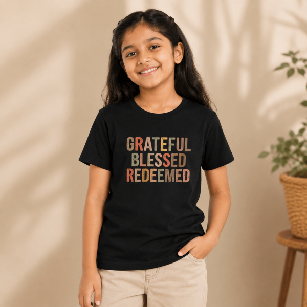 KST-E0019 - GBR - Mockup 1 Grateful Blessed Redeemed | Christian Kids T-Shirt