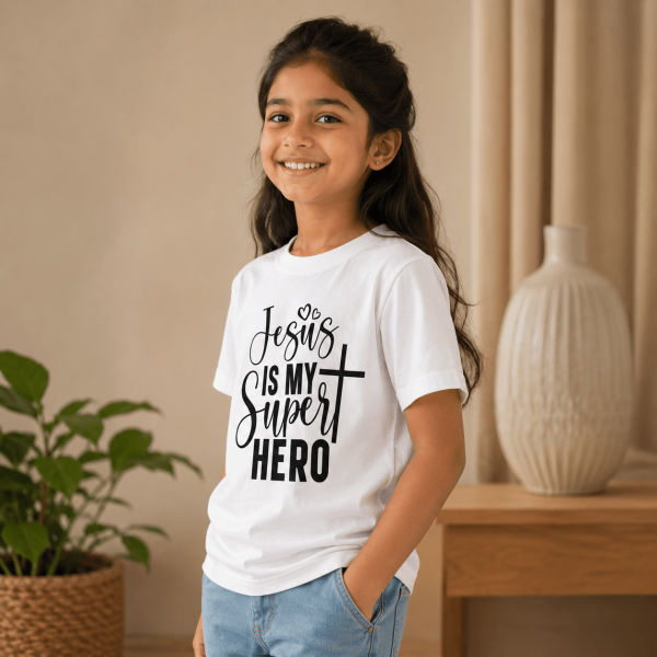 KST-E0020 - Mockup 2 Jesus Is My Super Hero | Christian Kids T-Shirt