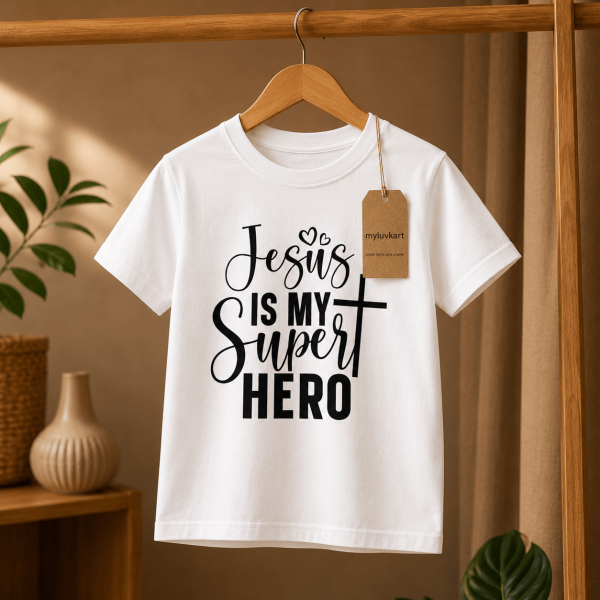 KST-E0020 - Mockup 4 Jesus Is My Super Hero | Christian Kids T-Shirt