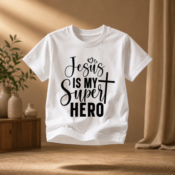 KST-E0020 - Mockup 5 Jesus Is My Super Hero | Christian Kids T-Shirt
