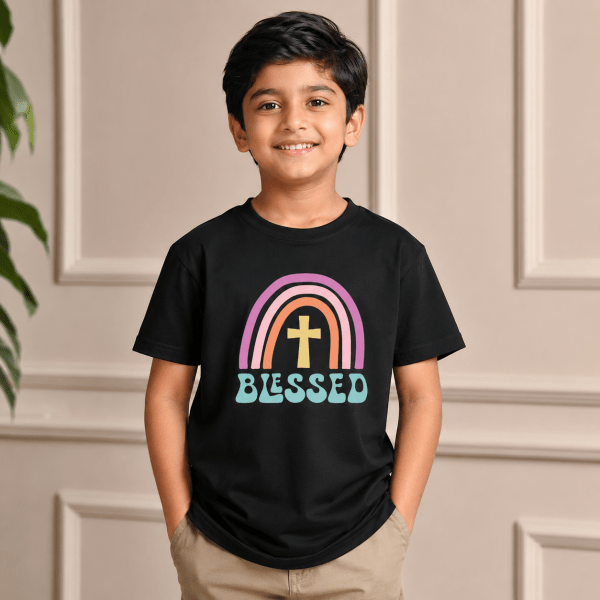 KST-E0025 - Blessed - Mockup 1 Blessed Rainbow Cross | Christian Kids T-Shirt